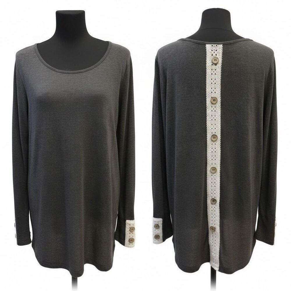 42 Pops Charcoal‎ Gray Long Sleeve Top - Lace Back with Button Detail - Size 3X